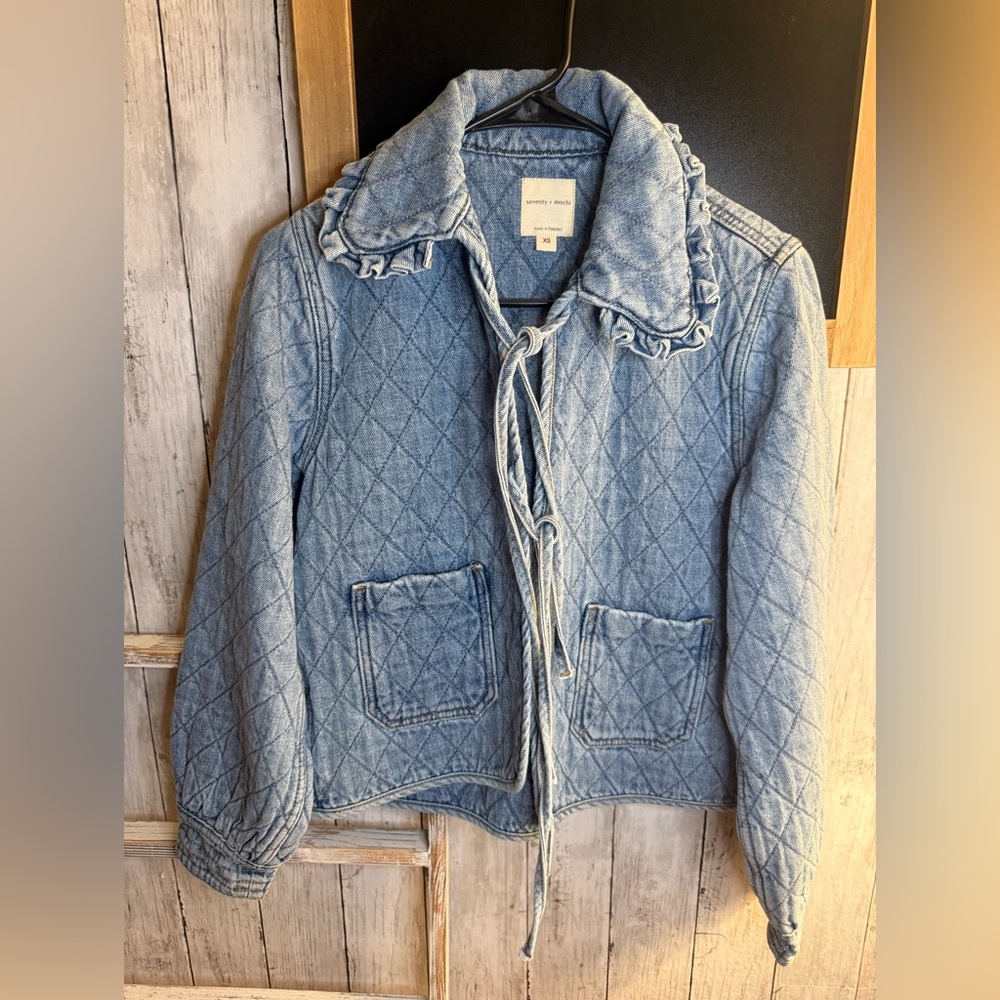 Anthropologie Seventy + Mochi Heidi Quilted Denim Jacket with Ruffle Collar
